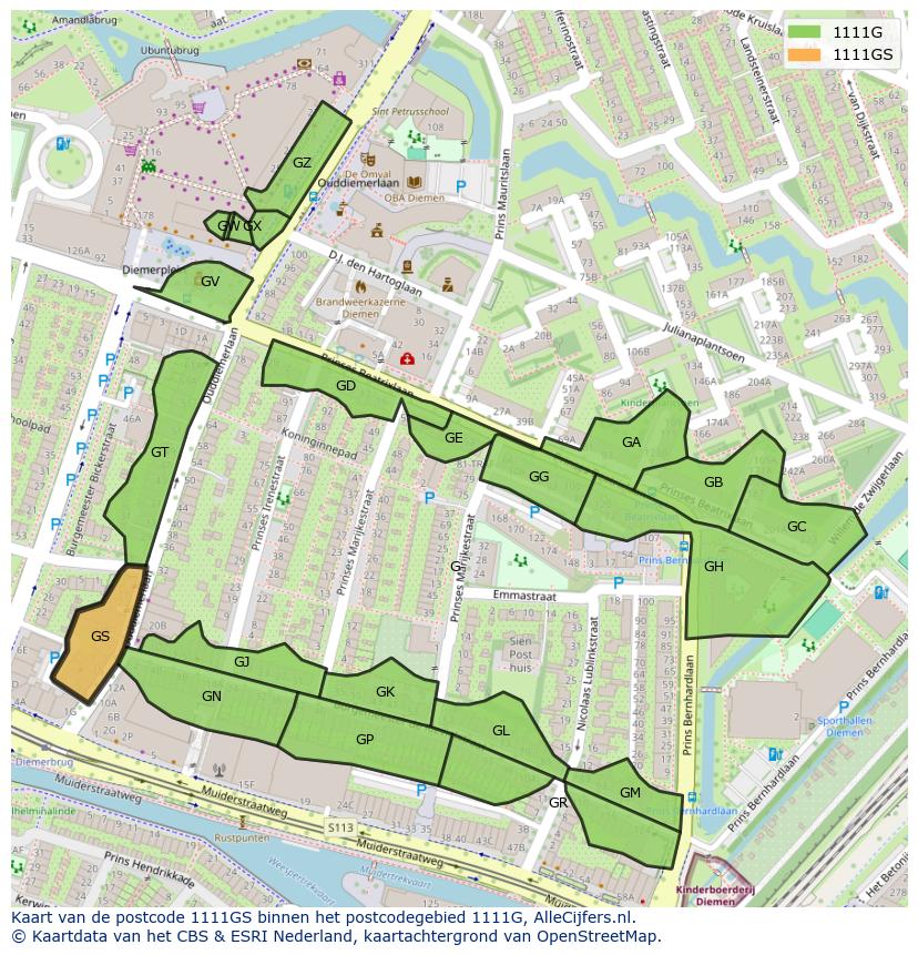 Afbeelding van het postcodegebied 1111 GS op de kaart.