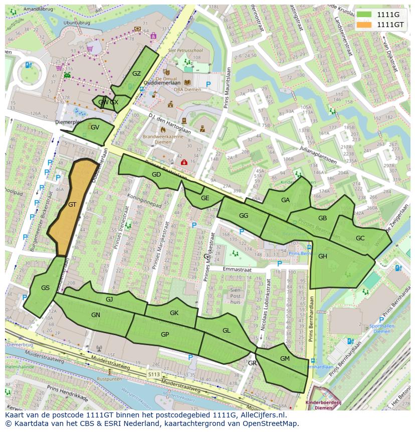 Afbeelding van het postcodegebied 1111 GT op de kaart.
