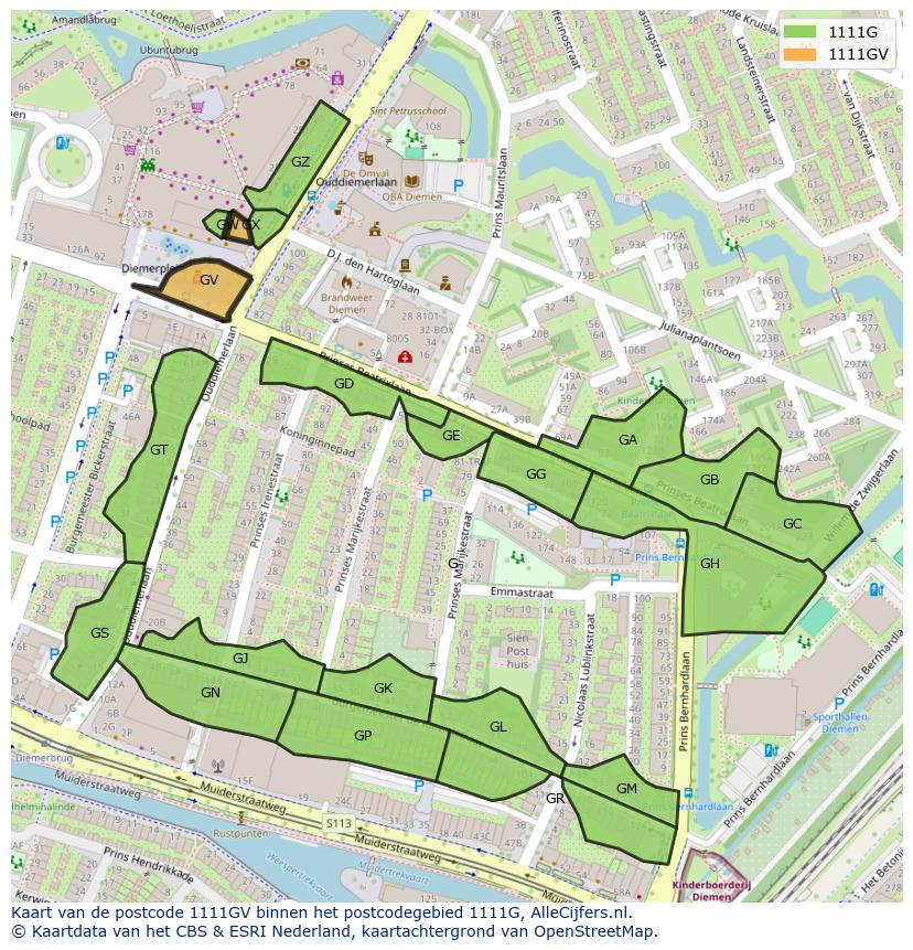 Afbeelding van het postcodegebied 1111 GV op de kaart.