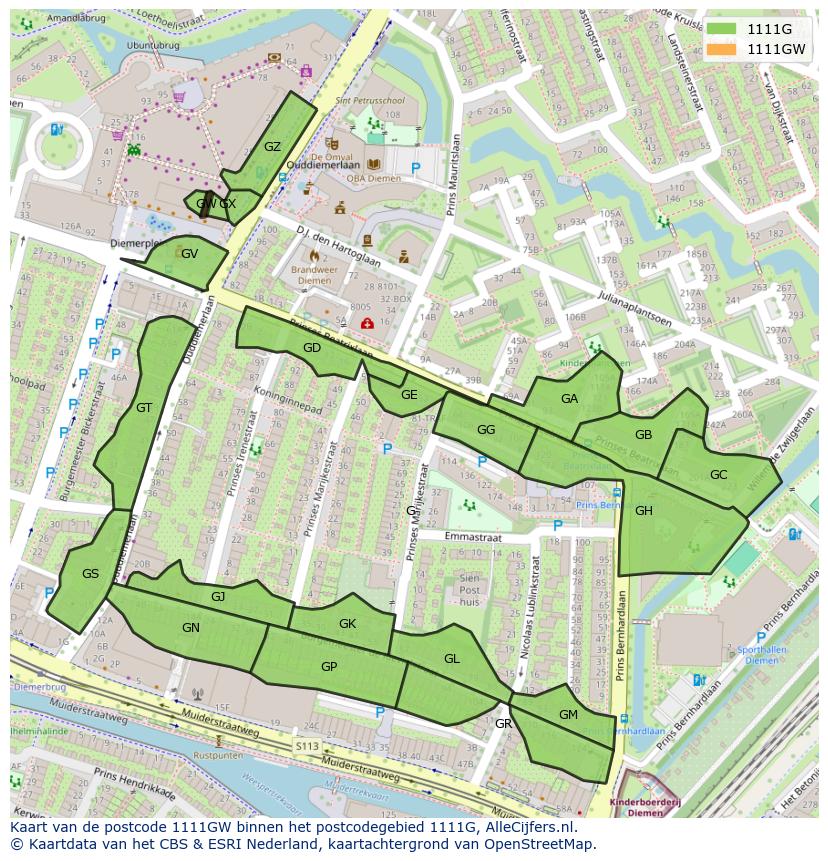 Afbeelding van het postcodegebied 1111 GW op de kaart.