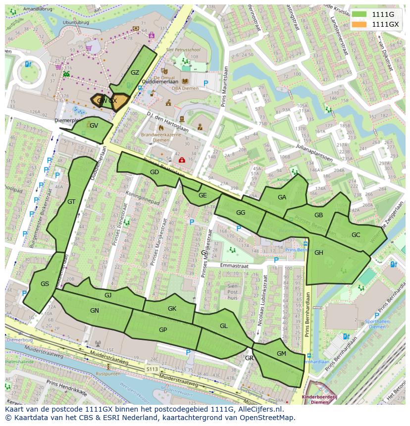 Afbeelding van het postcodegebied 1111 GX op de kaart.