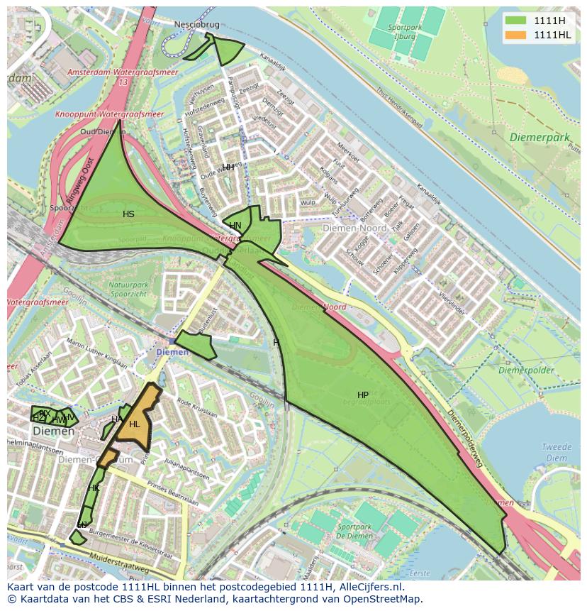 Afbeelding van het postcodegebied 1111 HL op de kaart.