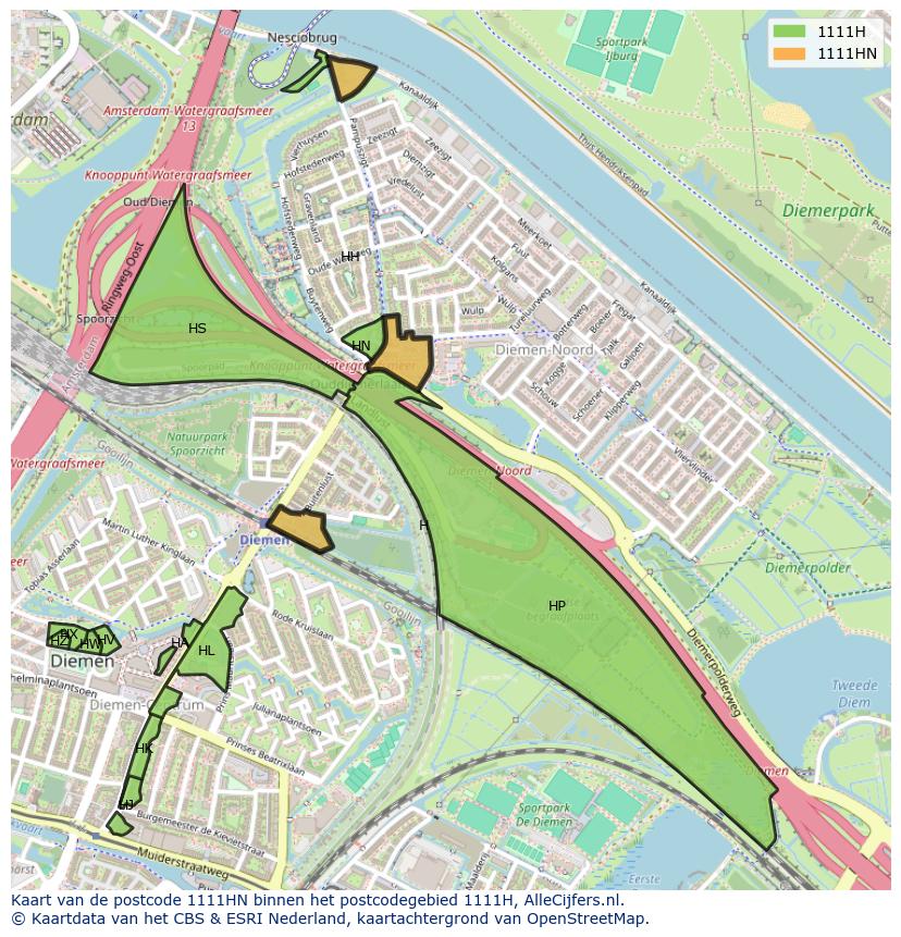 Afbeelding van het postcodegebied 1111 HN op de kaart.