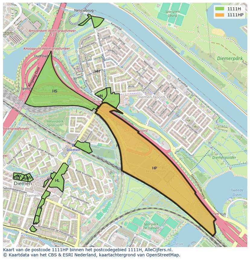 Afbeelding van het postcodegebied 1111 HP op de kaart.
