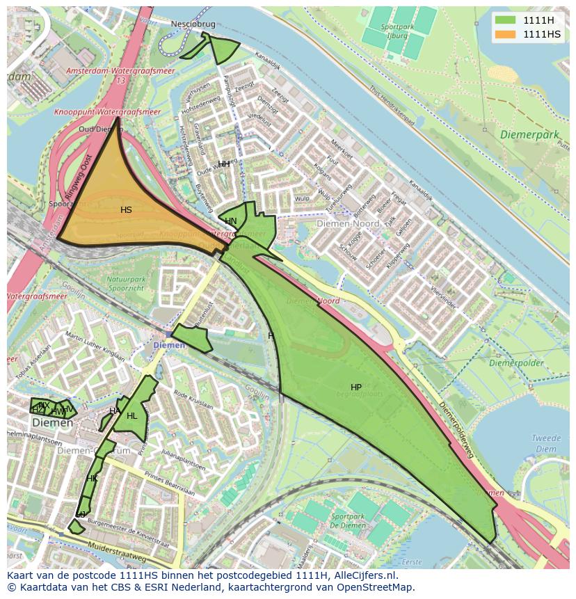 Afbeelding van het postcodegebied 1111 HS op de kaart.