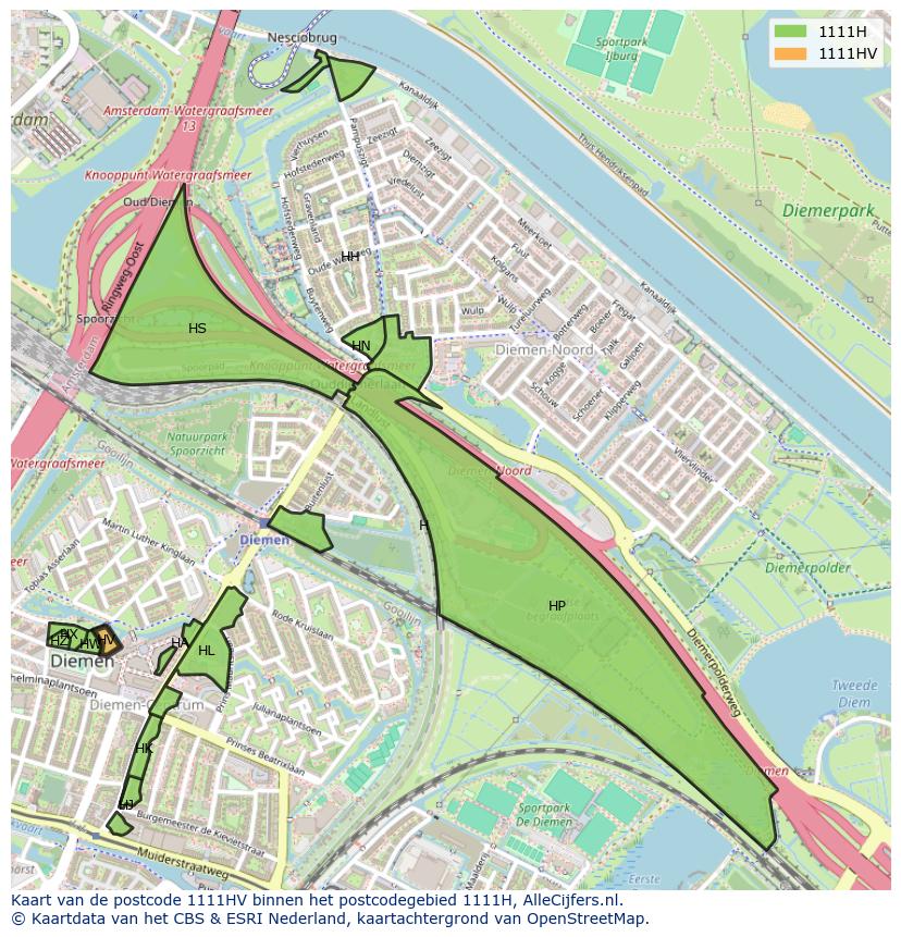 Afbeelding van het postcodegebied 1111 HV op de kaart.