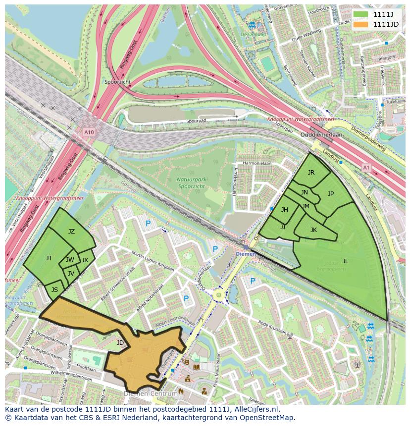 Afbeelding van het postcodegebied 1111 JD op de kaart.