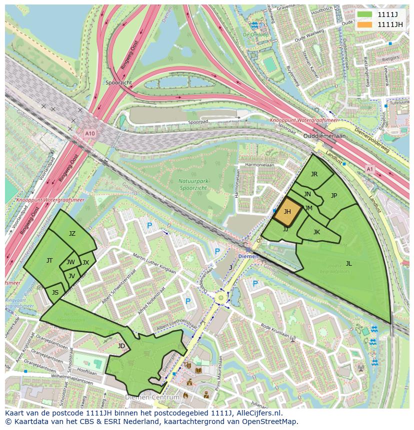 Afbeelding van het postcodegebied 1111 JH op de kaart.