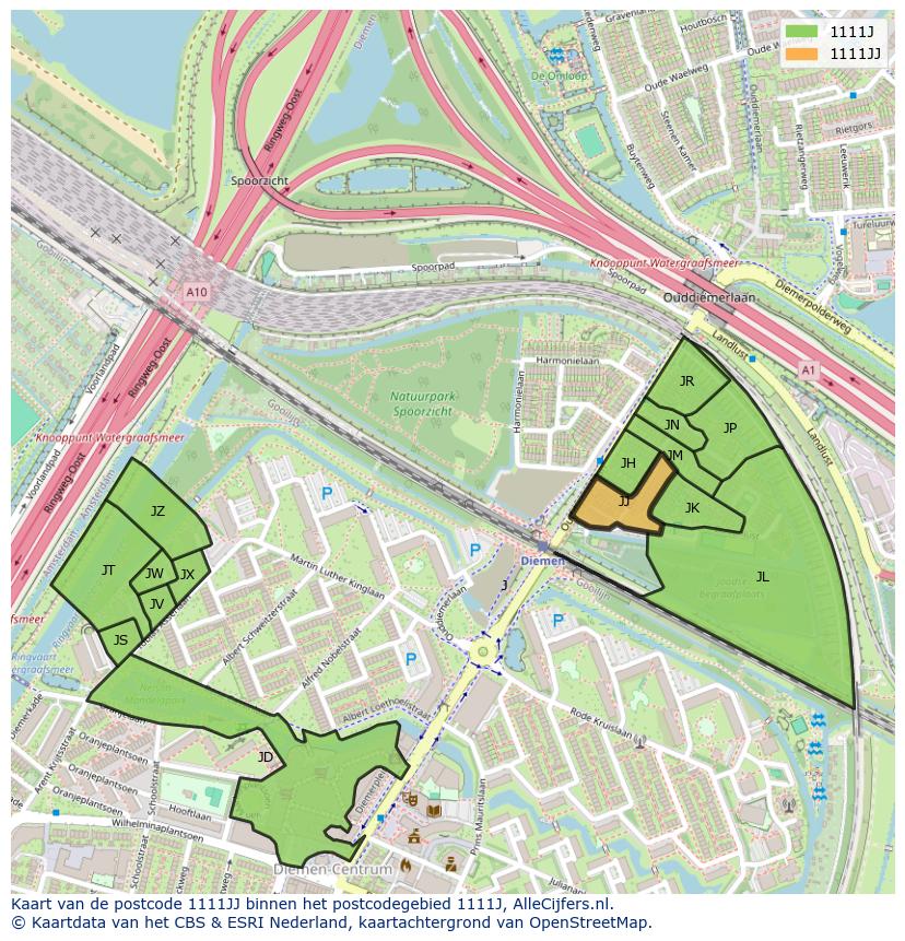 Afbeelding van het postcodegebied 1111 JJ op de kaart.