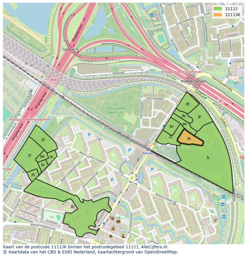 Afbeelding van het postcodegebied 1111 JK op de kaart.