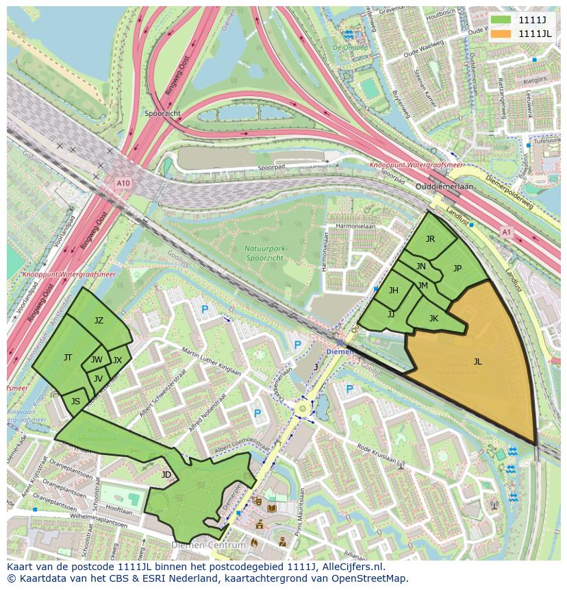 Afbeelding van het postcodegebied 1111 JL op de kaart.