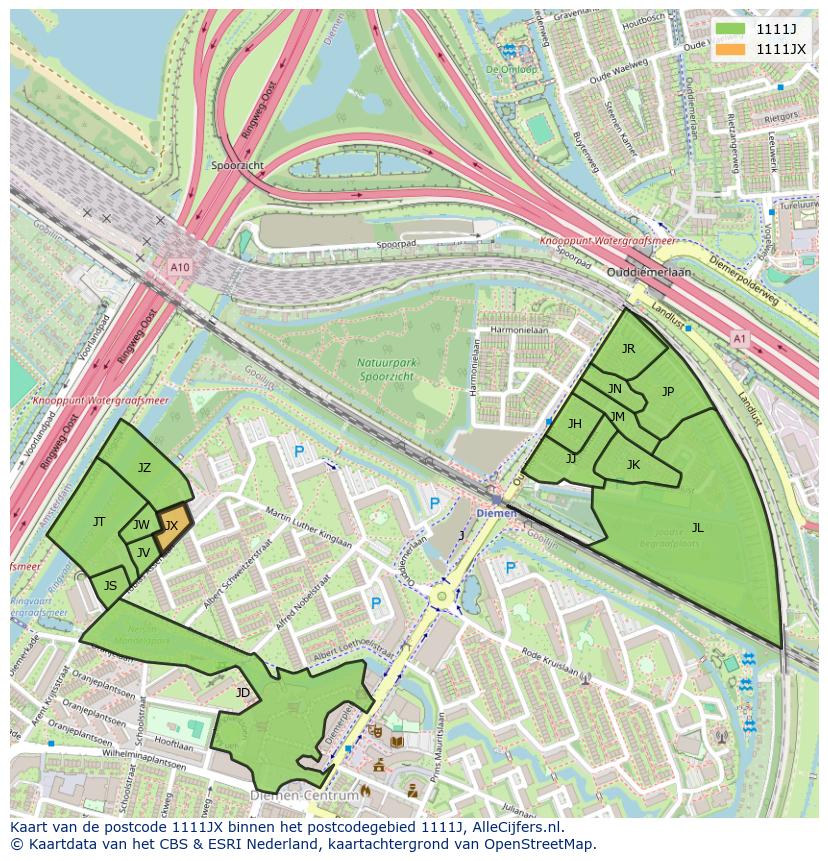Afbeelding van het postcodegebied 1111 JX op de kaart.