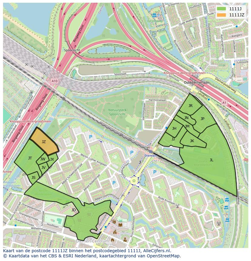 Afbeelding van het postcodegebied 1111 JZ op de kaart.