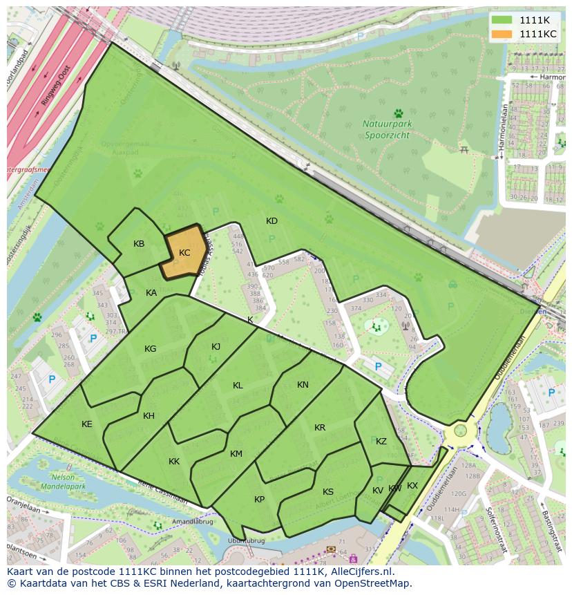 Afbeelding van het postcodegebied 1111 KC op de kaart.