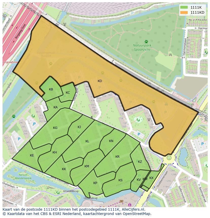 Afbeelding van het postcodegebied 1111 KD op de kaart.