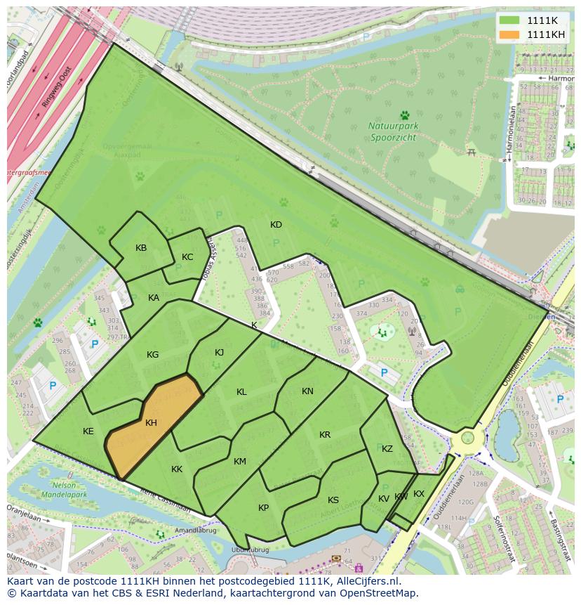 Afbeelding van het postcodegebied 1111 KH op de kaart.