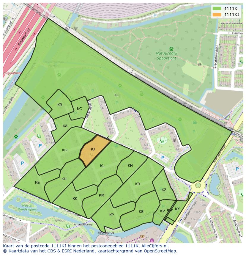 Afbeelding van het postcodegebied 1111 KJ op de kaart.