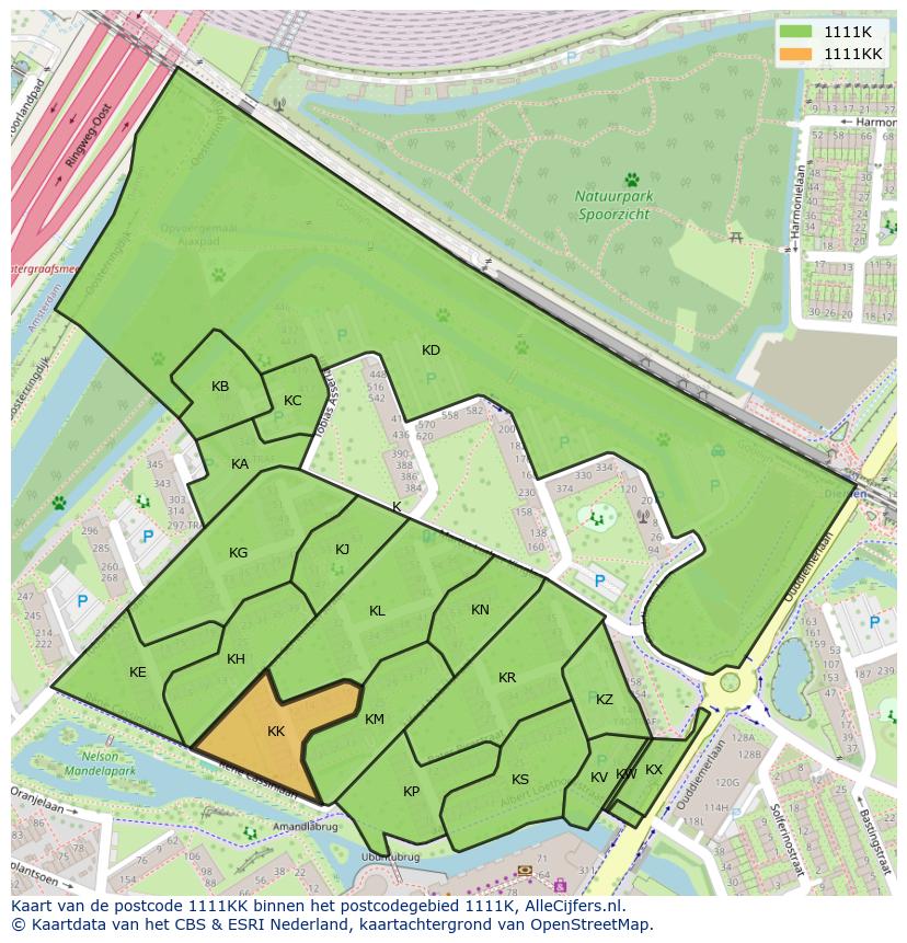 Afbeelding van het postcodegebied 1111 KK op de kaart.