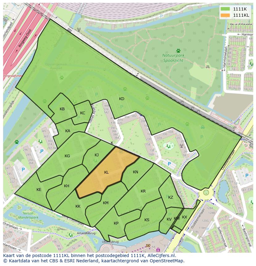 Afbeelding van het postcodegebied 1111 KL op de kaart.