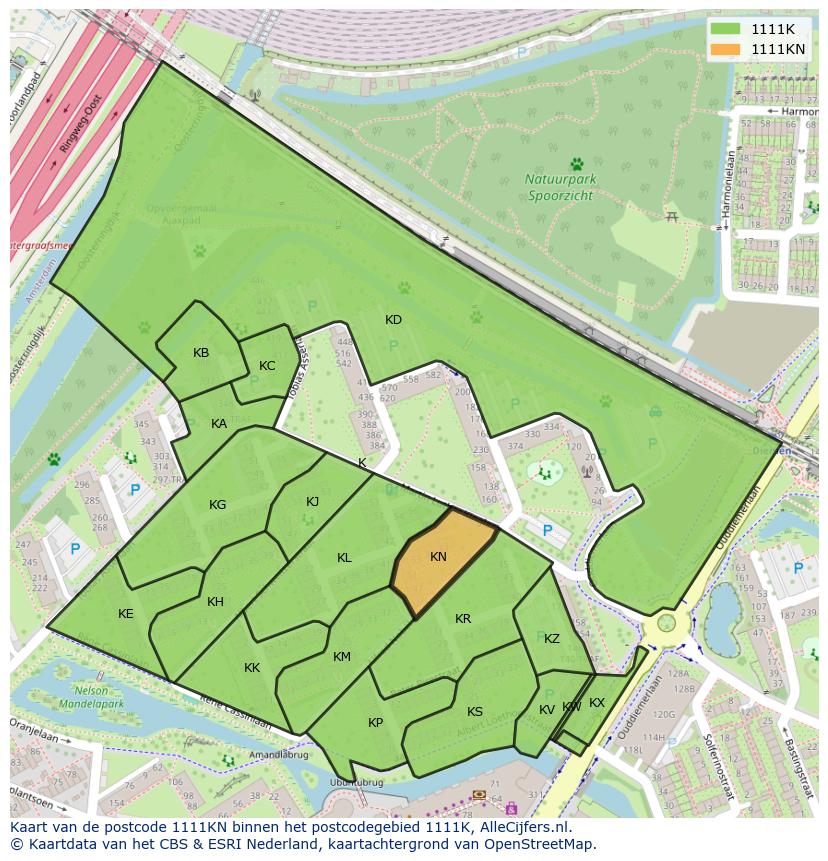 Afbeelding van het postcodegebied 1111 KN op de kaart.