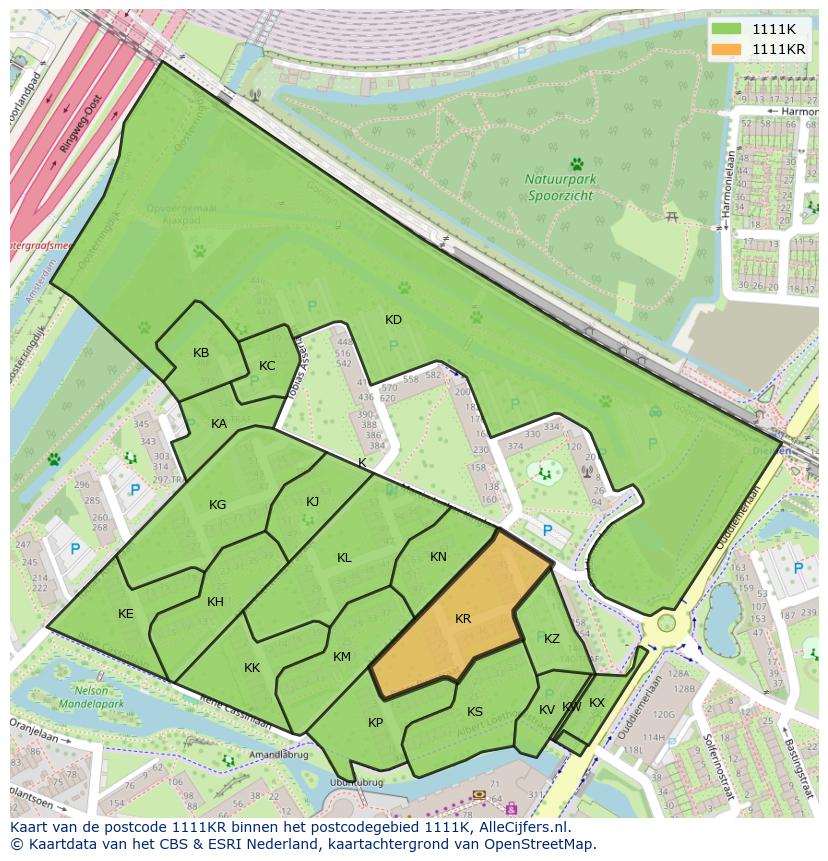 Afbeelding van het postcodegebied 1111 KR op de kaart.