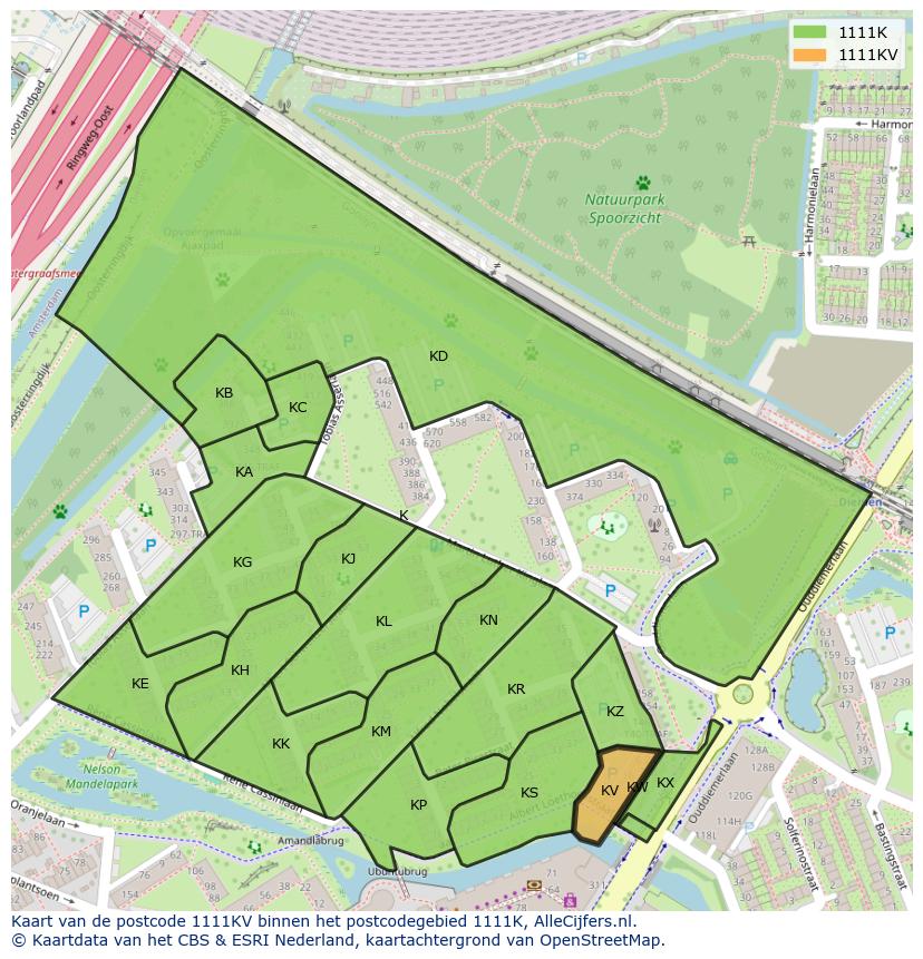 Afbeelding van het postcodegebied 1111 KV op de kaart.