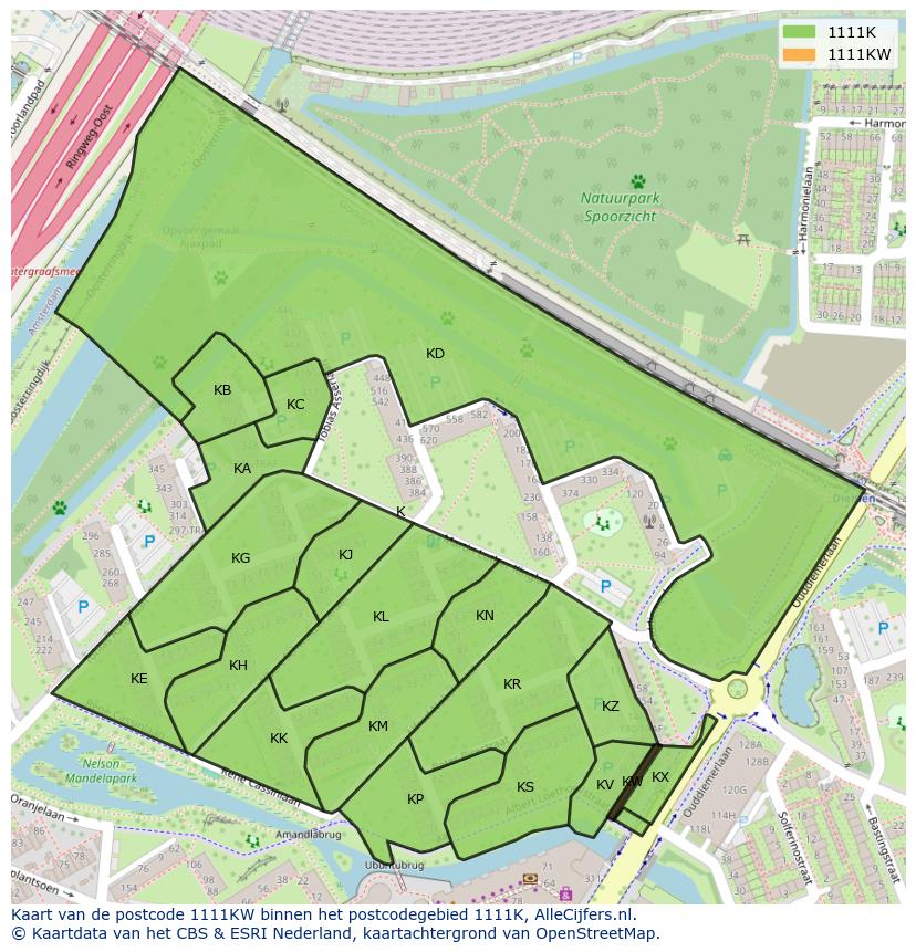 Afbeelding van het postcodegebied 1111 KW op de kaart.