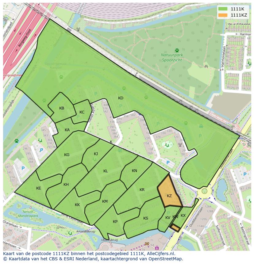 Afbeelding van het postcodegebied 1111 KZ op de kaart.