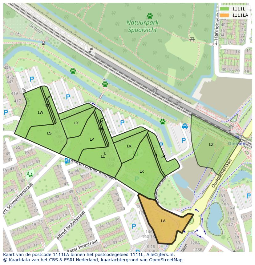 Afbeelding van het postcodegebied 1111 LA op de kaart.