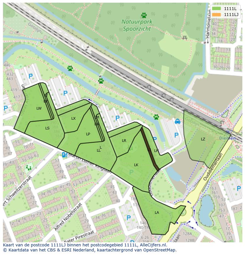 Afbeelding van het postcodegebied 1111 LJ op de kaart.