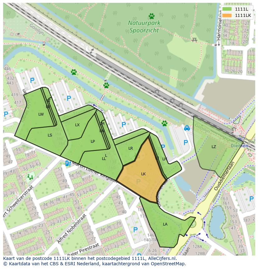 Afbeelding van het postcodegebied 1111 LK op de kaart.