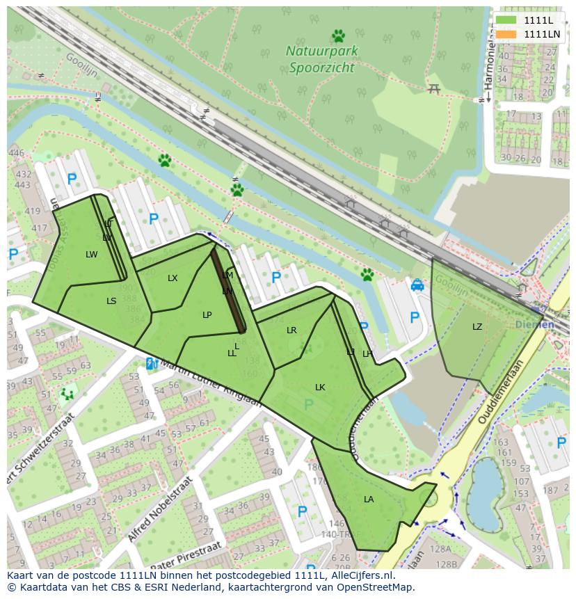 Afbeelding van het postcodegebied 1111 LN op de kaart.
