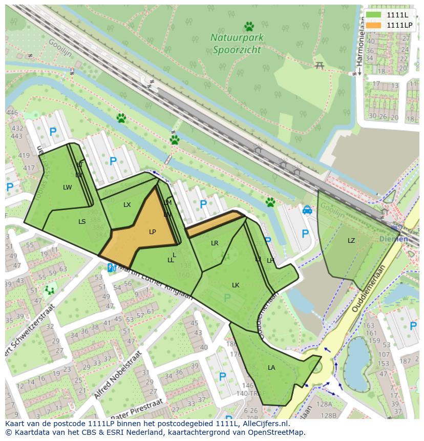 Afbeelding van het postcodegebied 1111 LP op de kaart.