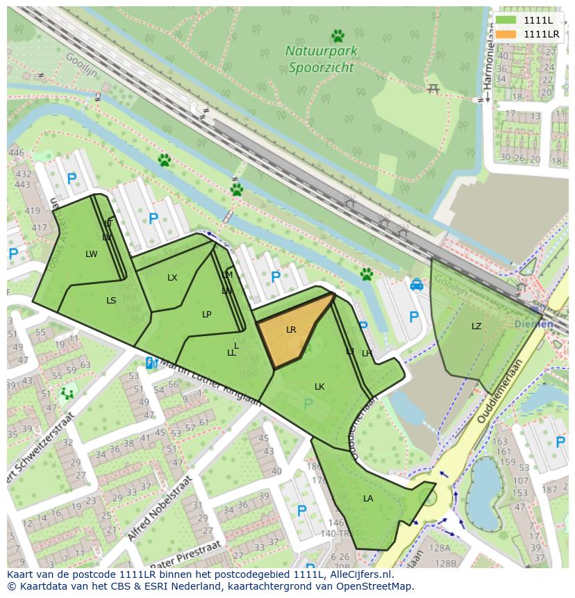 Afbeelding van het postcodegebied 1111 LR op de kaart.