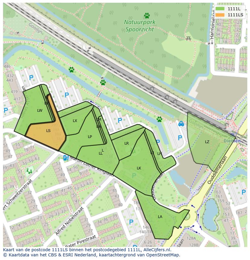 Afbeelding van het postcodegebied 1111 LS op de kaart.