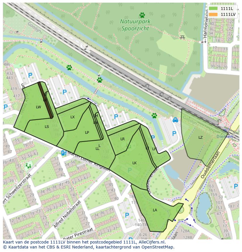 Afbeelding van het postcodegebied 1111 LV op de kaart.