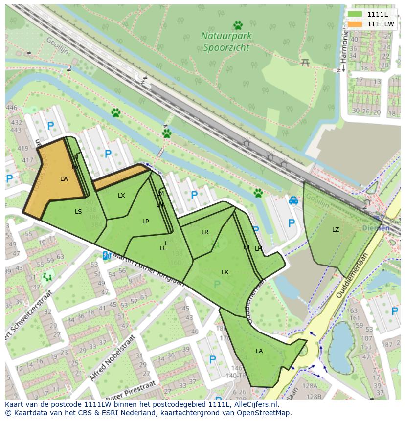 Afbeelding van het postcodegebied 1111 LW op de kaart.