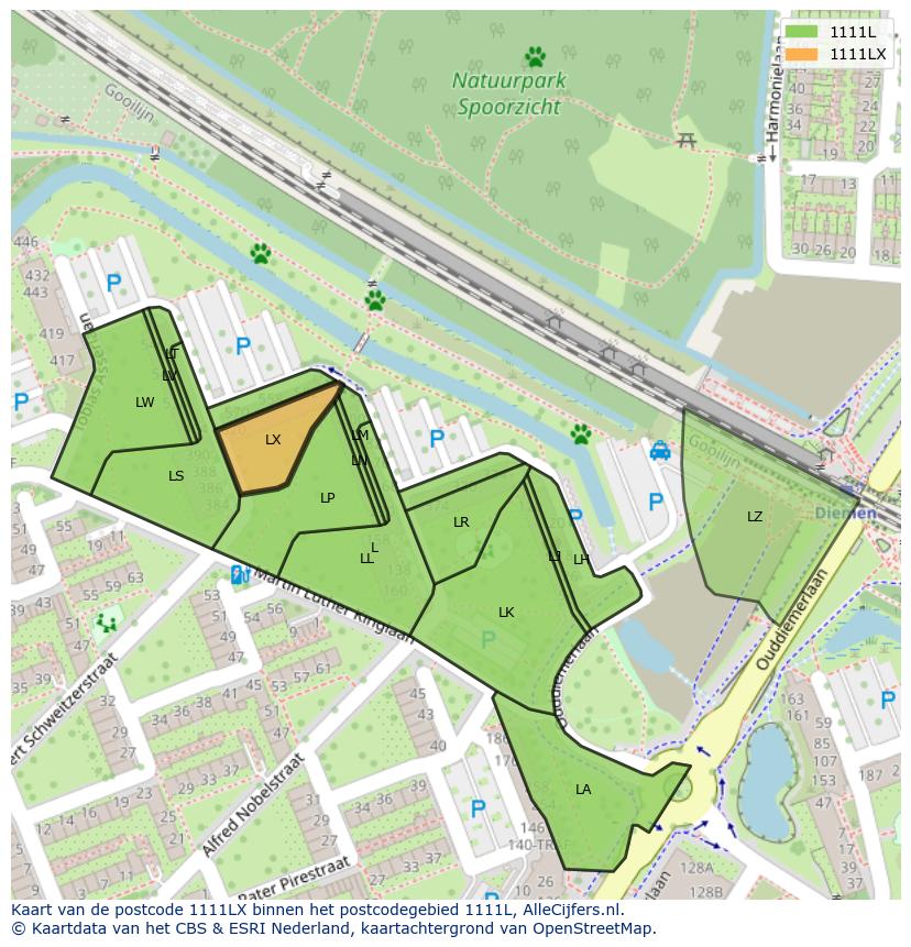 Afbeelding van het postcodegebied 1111 LX op de kaart.