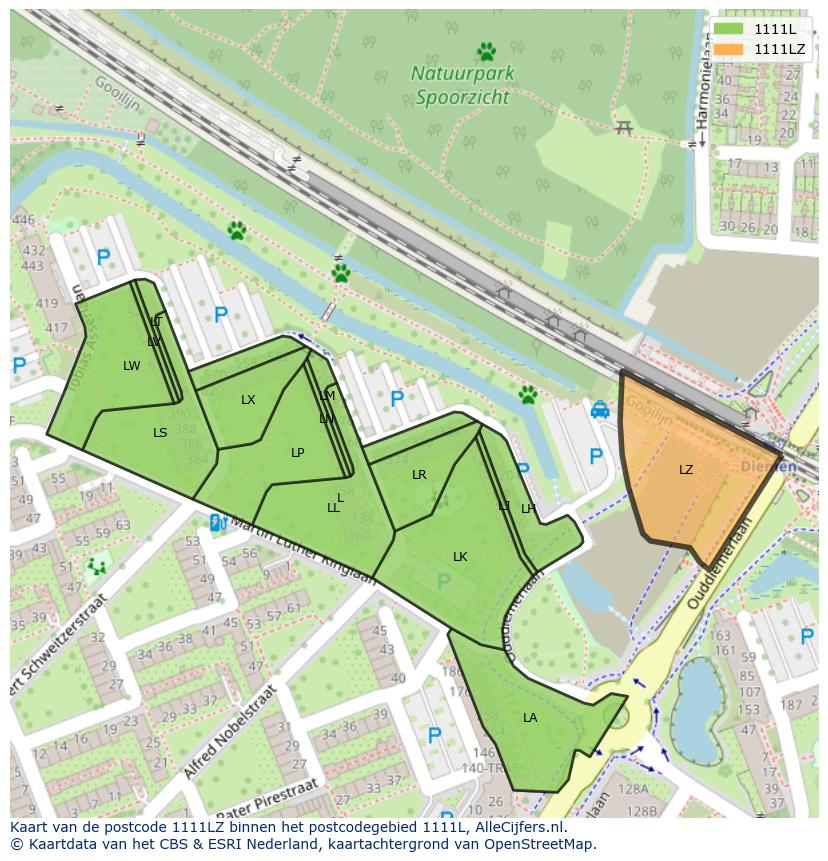 Afbeelding van het postcodegebied 1111 LZ op de kaart.