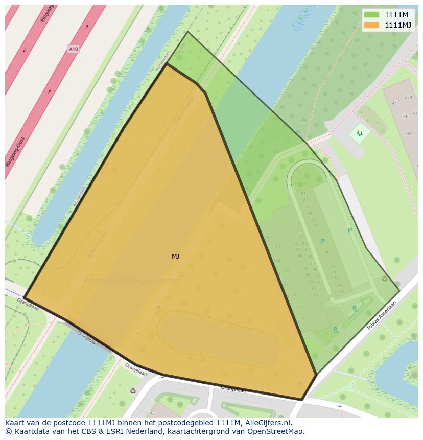 Afbeelding van het postcodegebied 1111 MJ op de kaart.