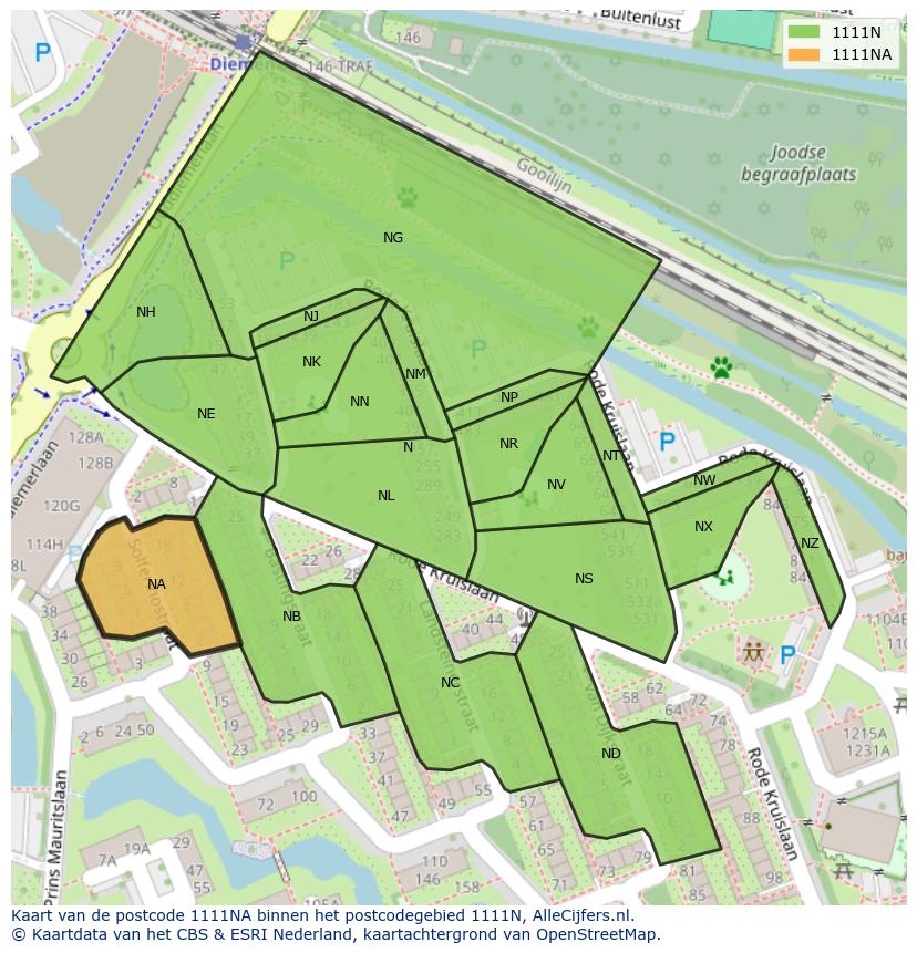 Afbeelding van het postcodegebied 1111 NA op de kaart.