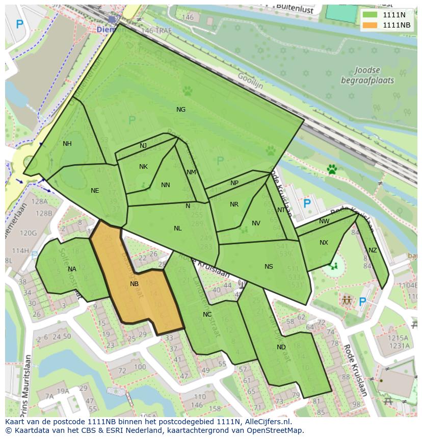 Afbeelding van het postcodegebied 1111 NB op de kaart.