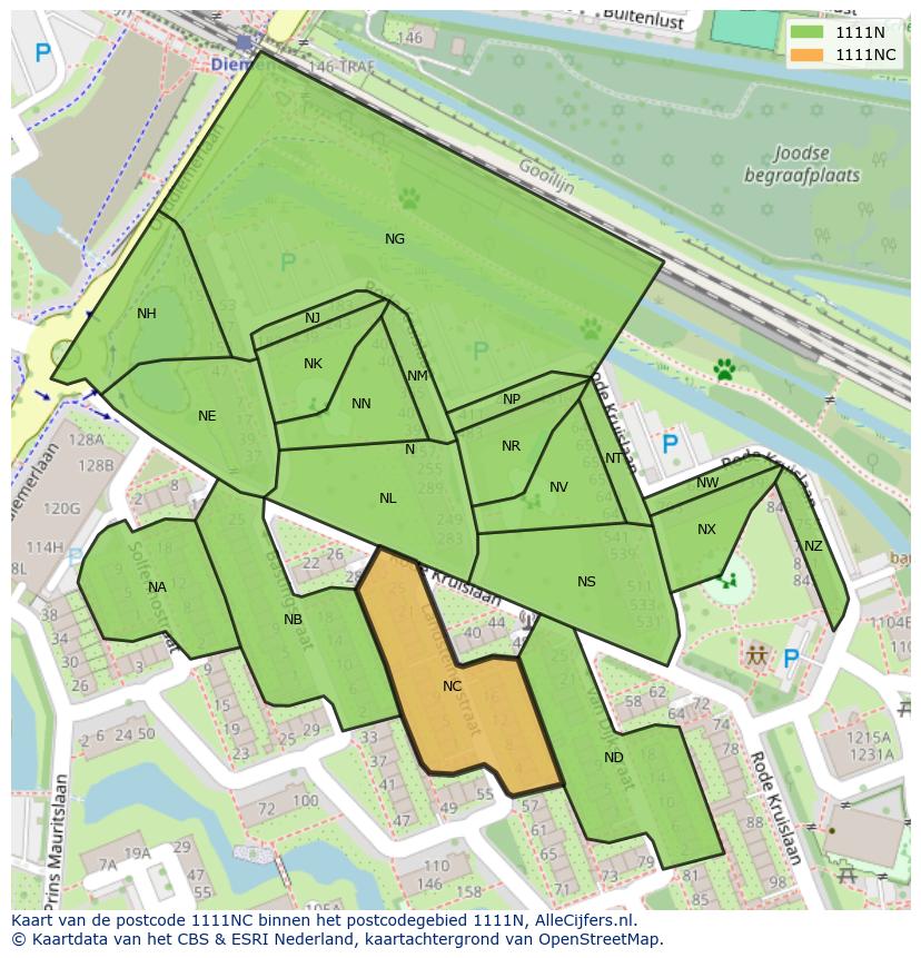 Afbeelding van het postcodegebied 1111 NC op de kaart.