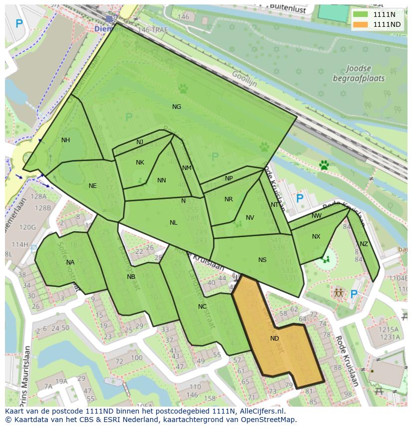 Afbeelding van het postcodegebied 1111 ND op de kaart.