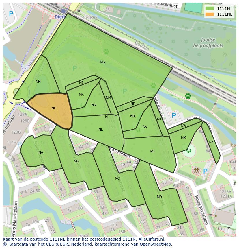 Afbeelding van het postcodegebied 1111 NE op de kaart.