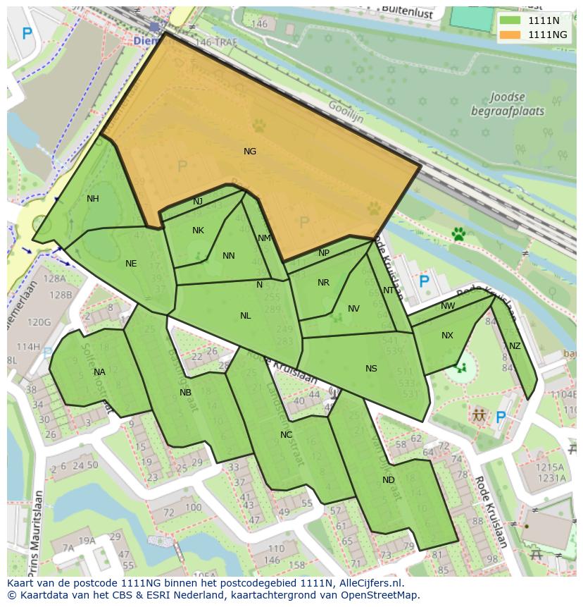 Afbeelding van het postcodegebied 1111 NG op de kaart.
