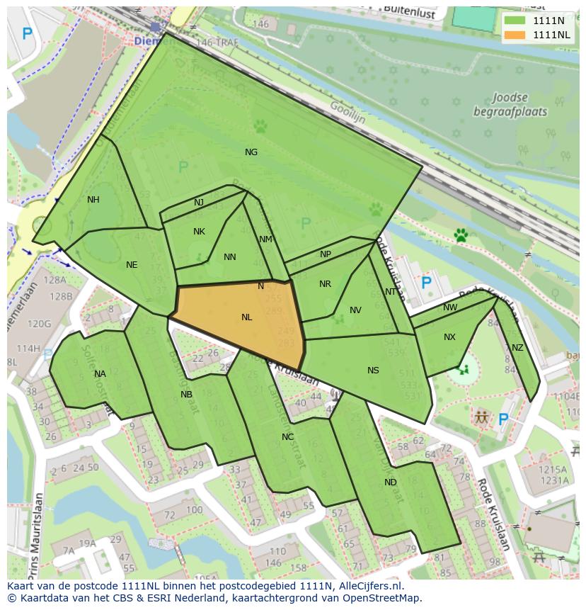 Afbeelding van het postcodegebied 1111 NL op de kaart.