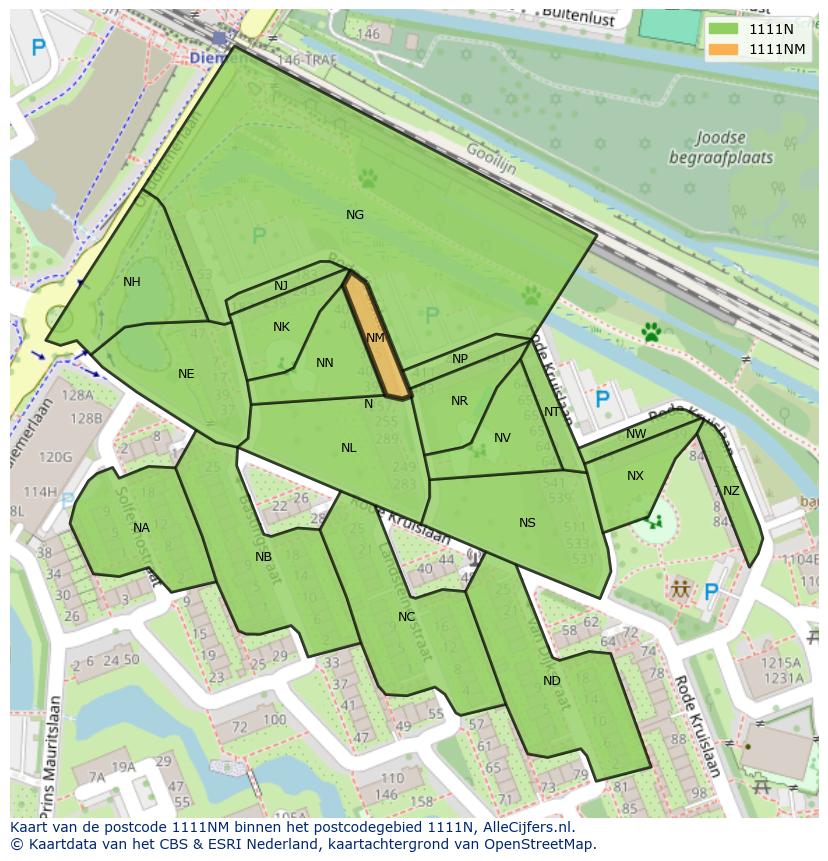 Afbeelding van het postcodegebied 1111 NM op de kaart.