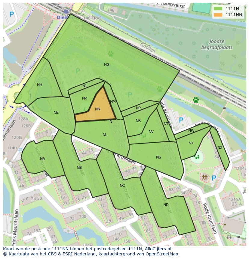 Afbeelding van het postcodegebied 1111 NN op de kaart.