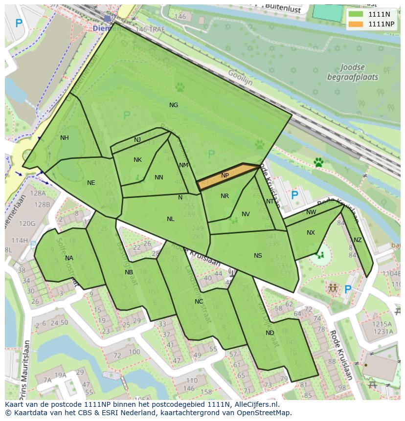 Afbeelding van het postcodegebied 1111 NP op de kaart.